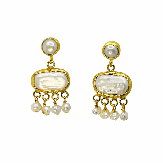 Pair of gold and pearl earrings on a white background