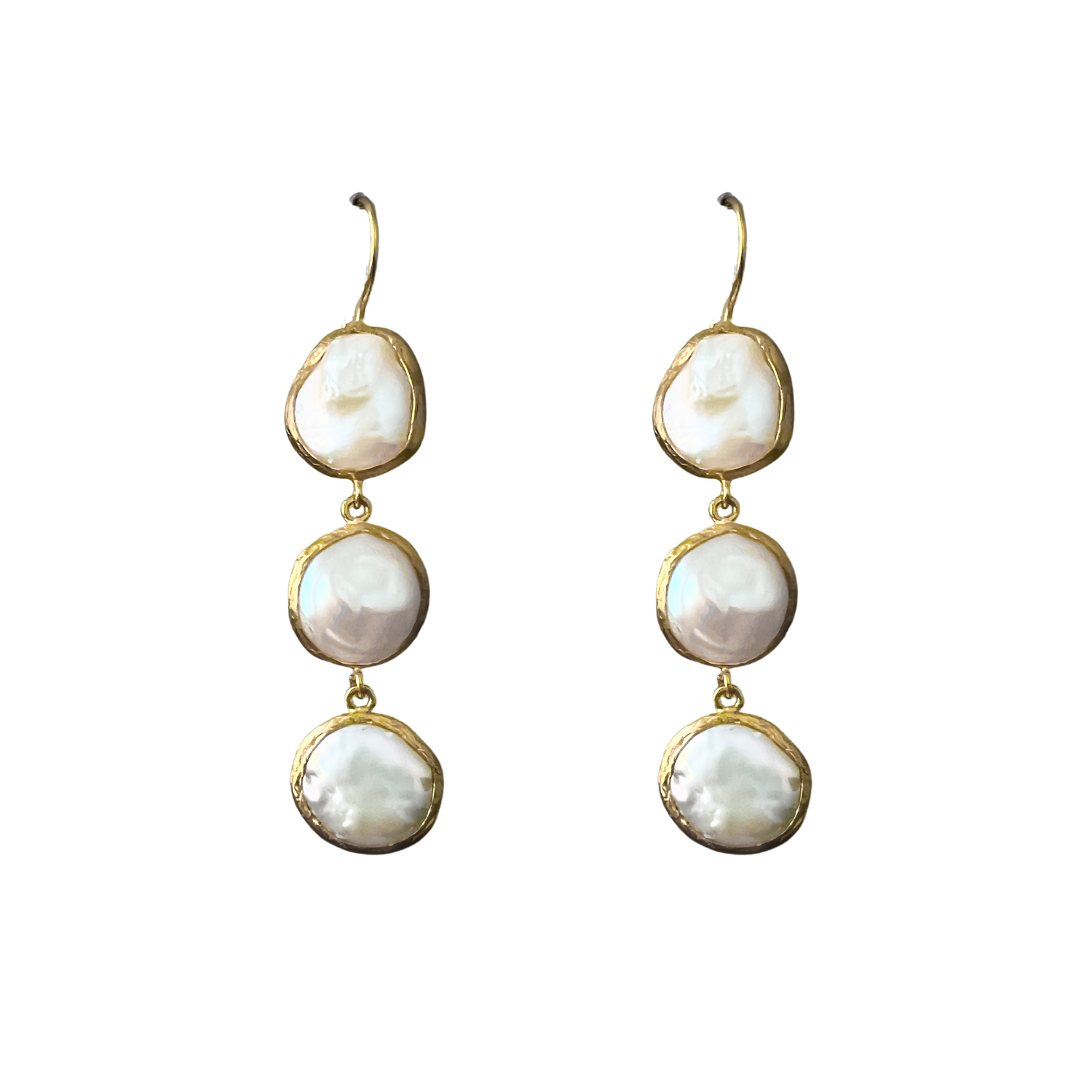Pair of gold-framed pearl earrings on a white background