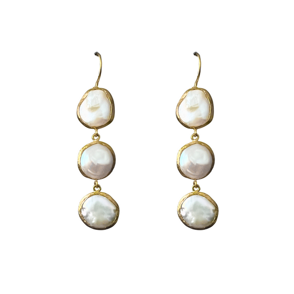 Pair of gold-framed pearl earrings on a white background