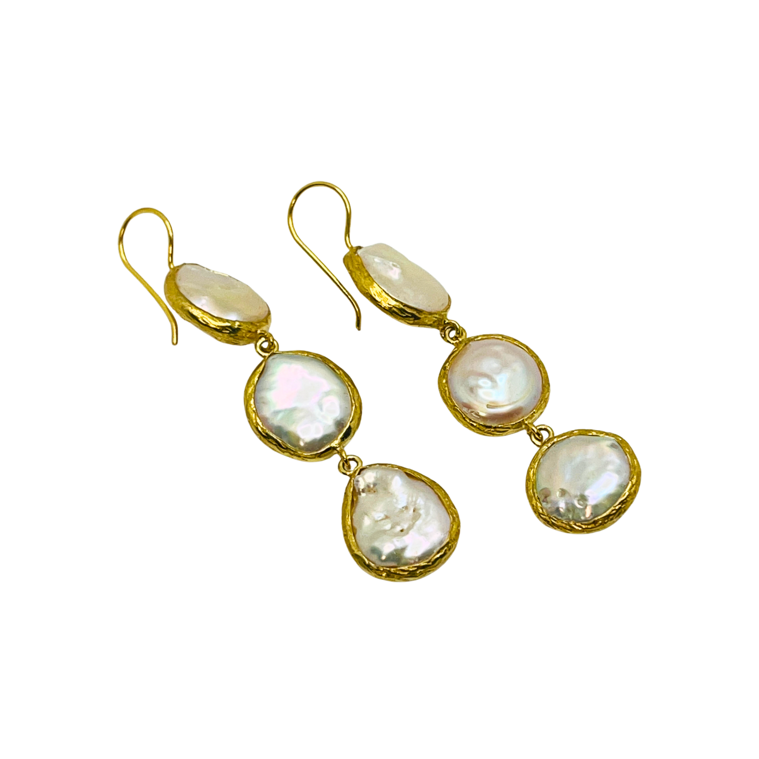 Gold earrings with multiple pearl-like stones on a white background